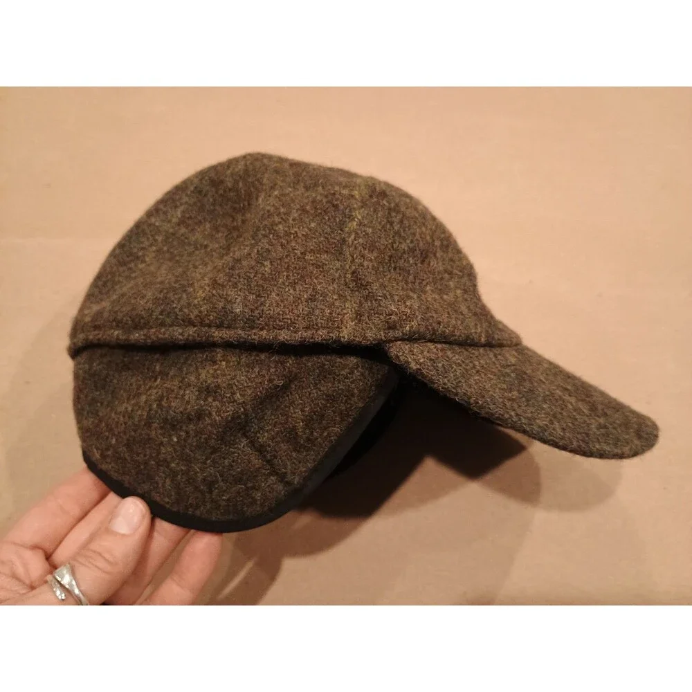 John Hanly 100% Wool Tweed Baseball Style Cap with Earflaps Sz 7 3/8  Large